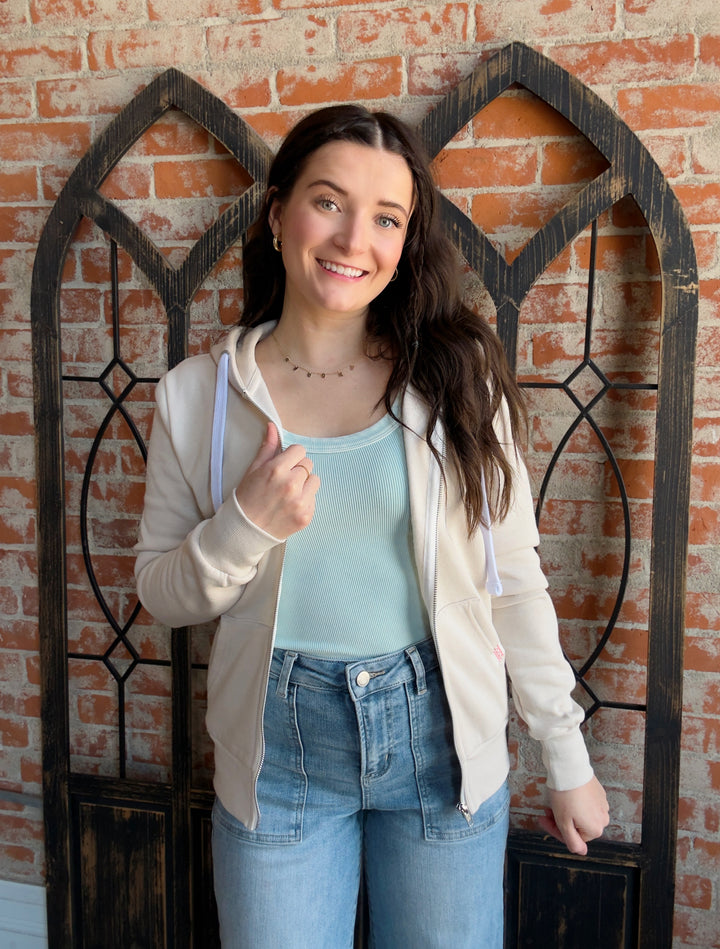 Always A Yes Fleece Zip Up-Beige