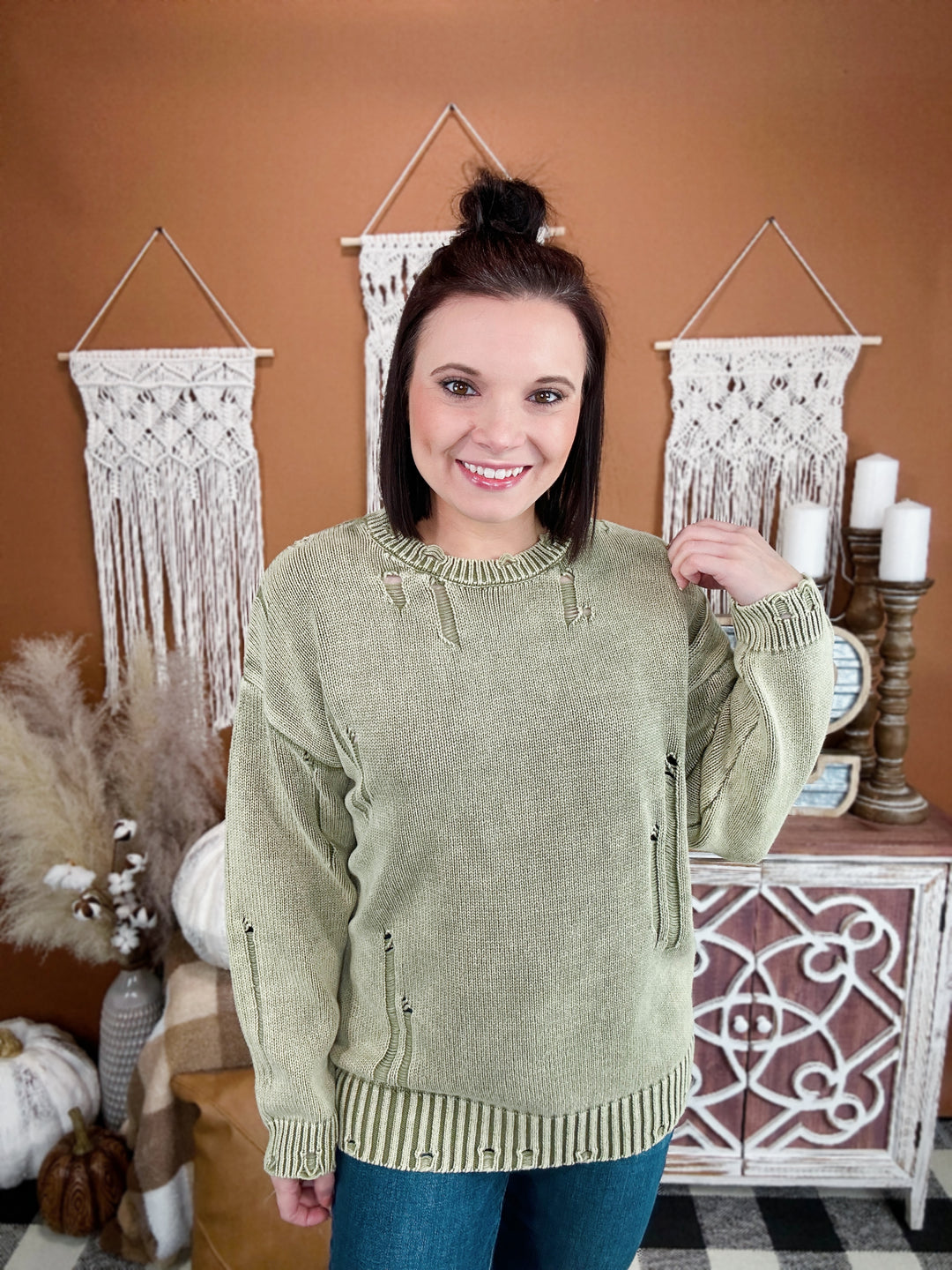 A Time Of Change Olive Distressed Sweater