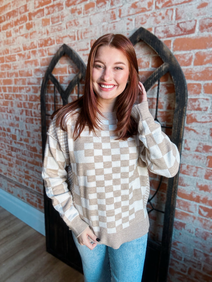 Just What I Need Checker Sweater-Mocha