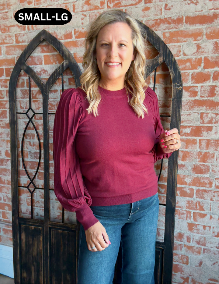Lovin You Ribbed Sleeve Sweater-Burgundy