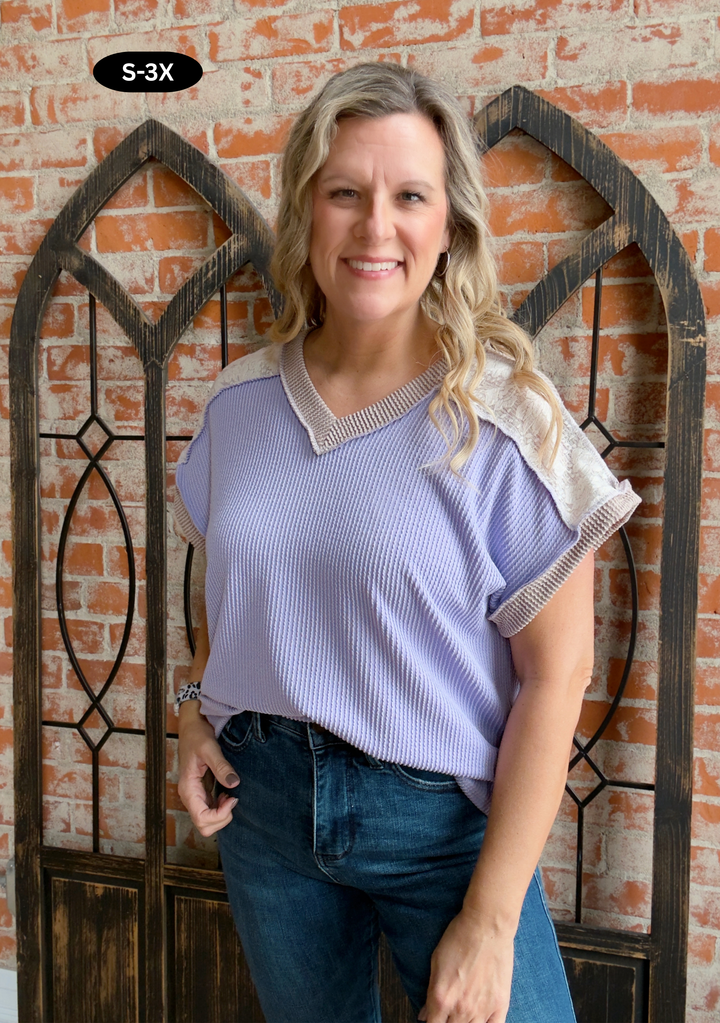 Love Me Some Lace Ribbed Tee-Lilac
