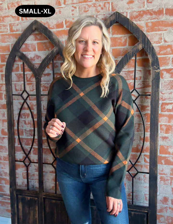 Looking Forward To The Holidays Plaid Sweater-Hunter Green