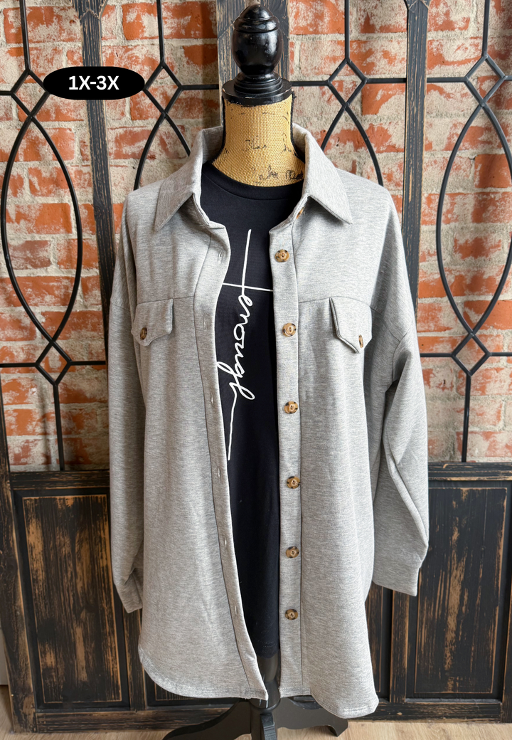 Curvy When I Need Fleece Shacket-Grey