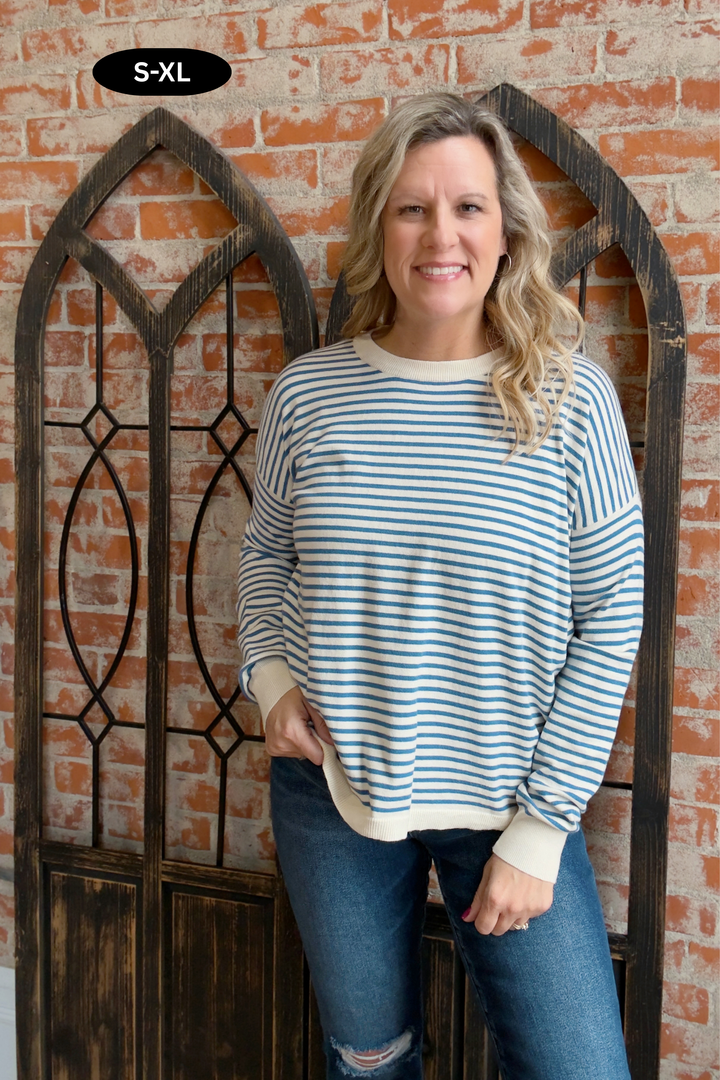 Get It Striped Sweater-Blue
