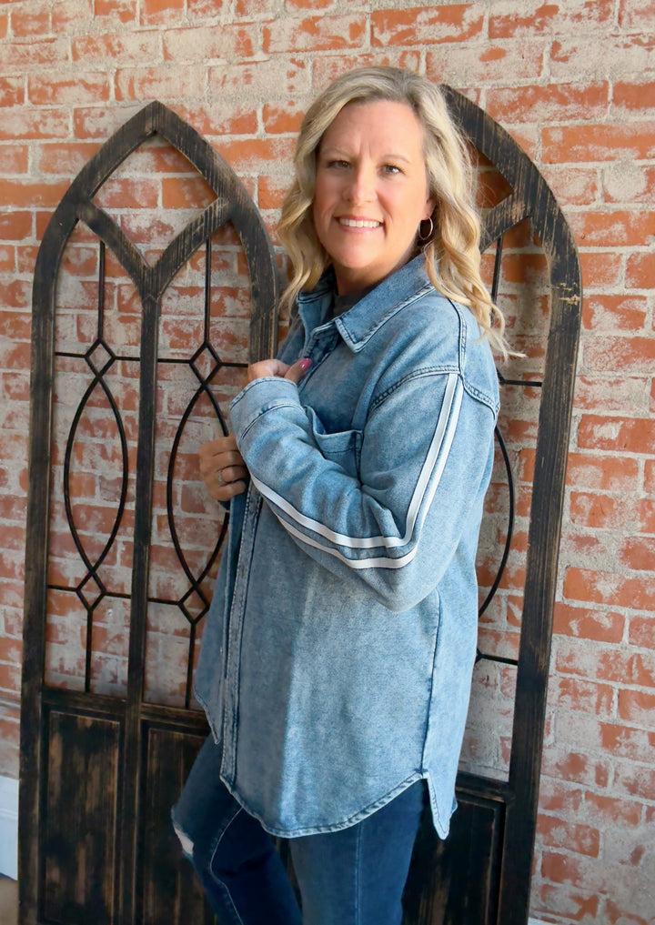 Race To The Finish Varsity Stripe Sleeve Jacket
