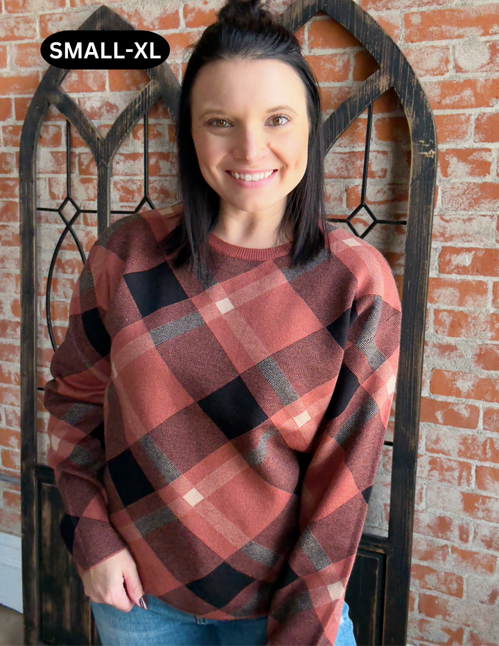 Looking Forward To The Holiday's Plaid Sweater-Rust