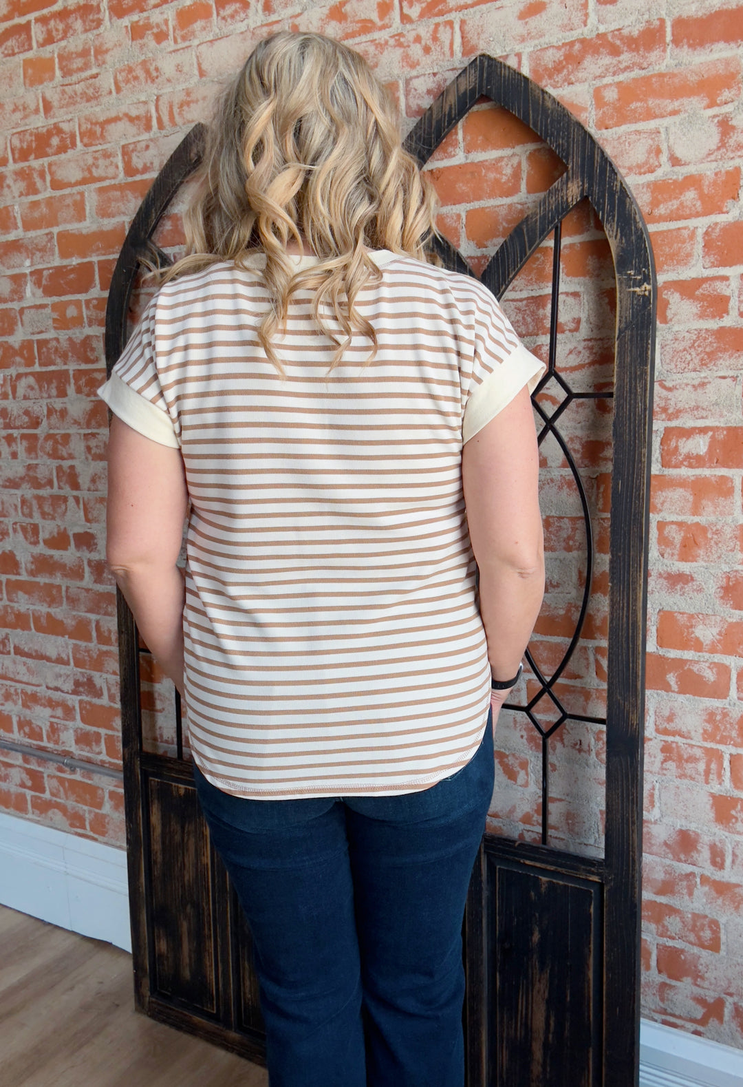 Keep Me Safe Striped Henley-Camel