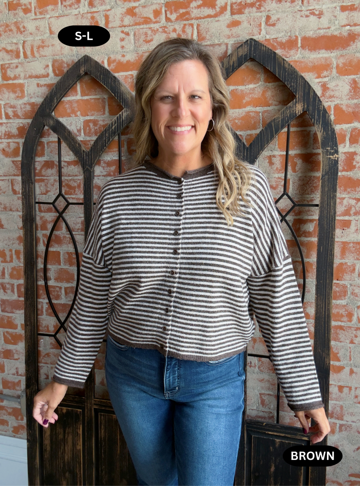 Top Of Mind Striped Sweater Cardigan- Mocha & Brown