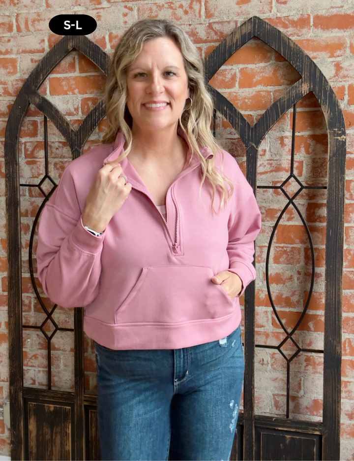 Put It On My Tab Cropped Scuba Half Zip-Rose