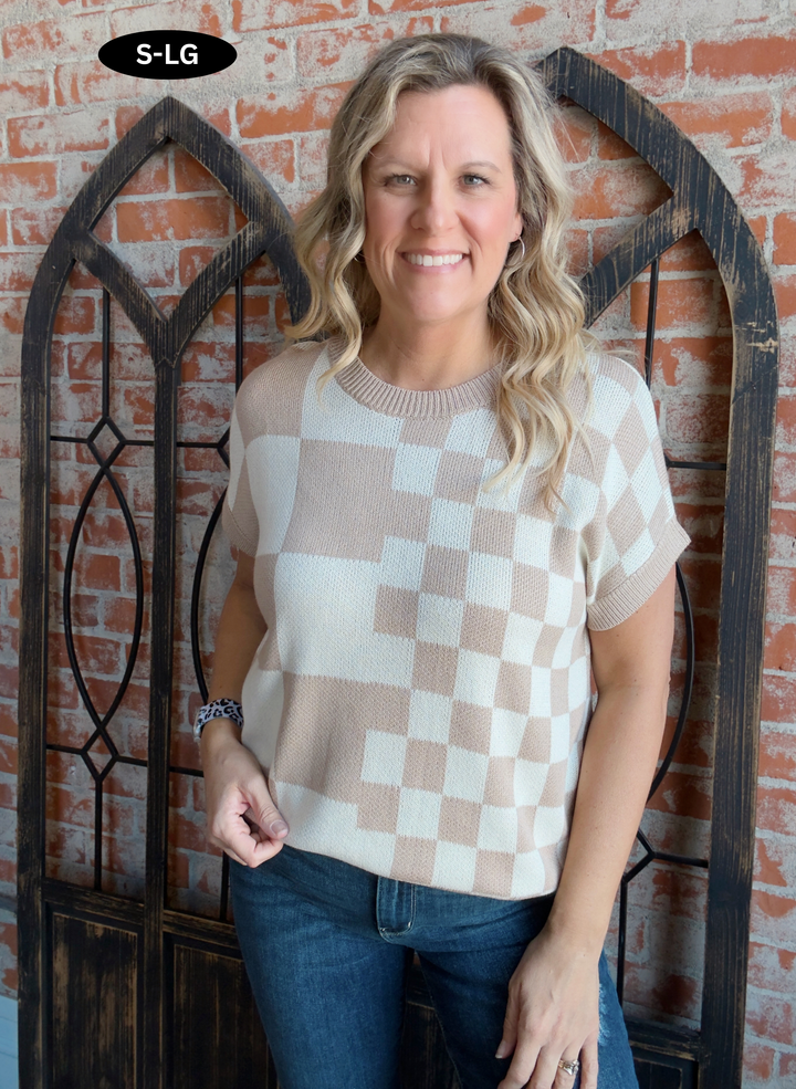 Believe In Me Checkered Sweater-Taupe