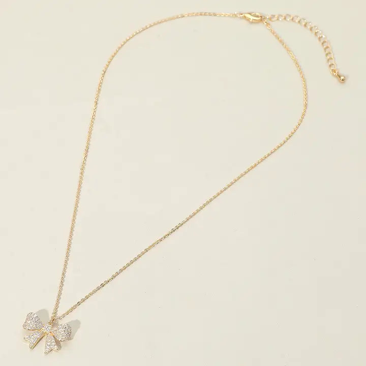 18K Gold Dipped Pave Bow Pendant Necklace