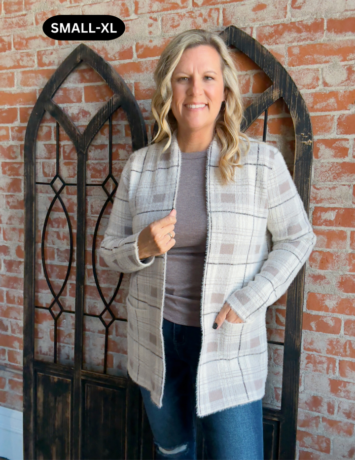 It's A Vibe Plaid Cardigan-Taupe