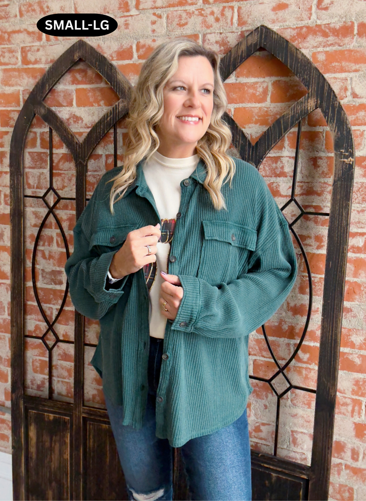 It's A Devotion Waffle Shacket-Hunter Green