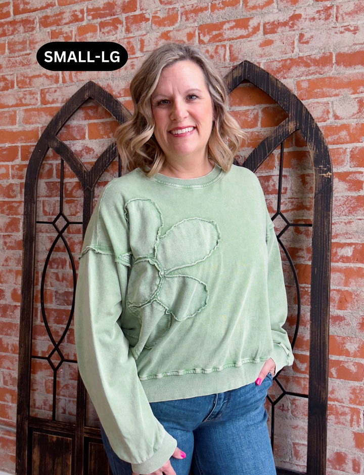 Make You Smile Flower Patch Pullover- Green