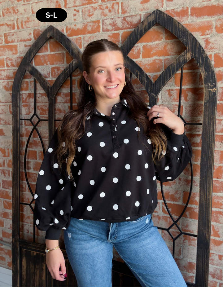 Dotted Love Collared Snap Up-Black