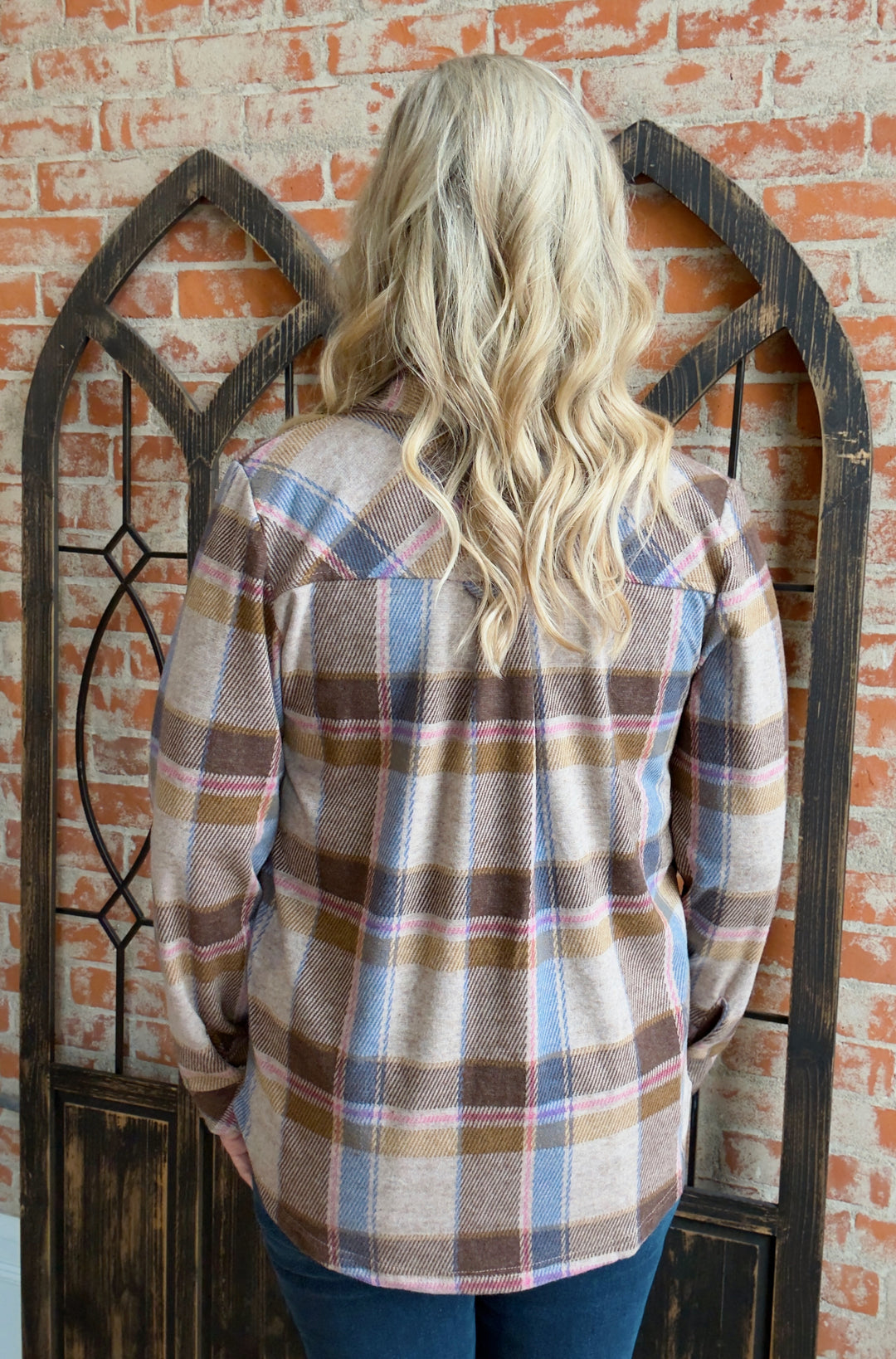 Teddy Soft Plaid Shacket-Brown/Periwinkle
