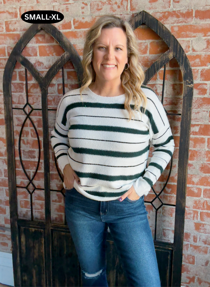 Winter Green Striped Color Block Sweater