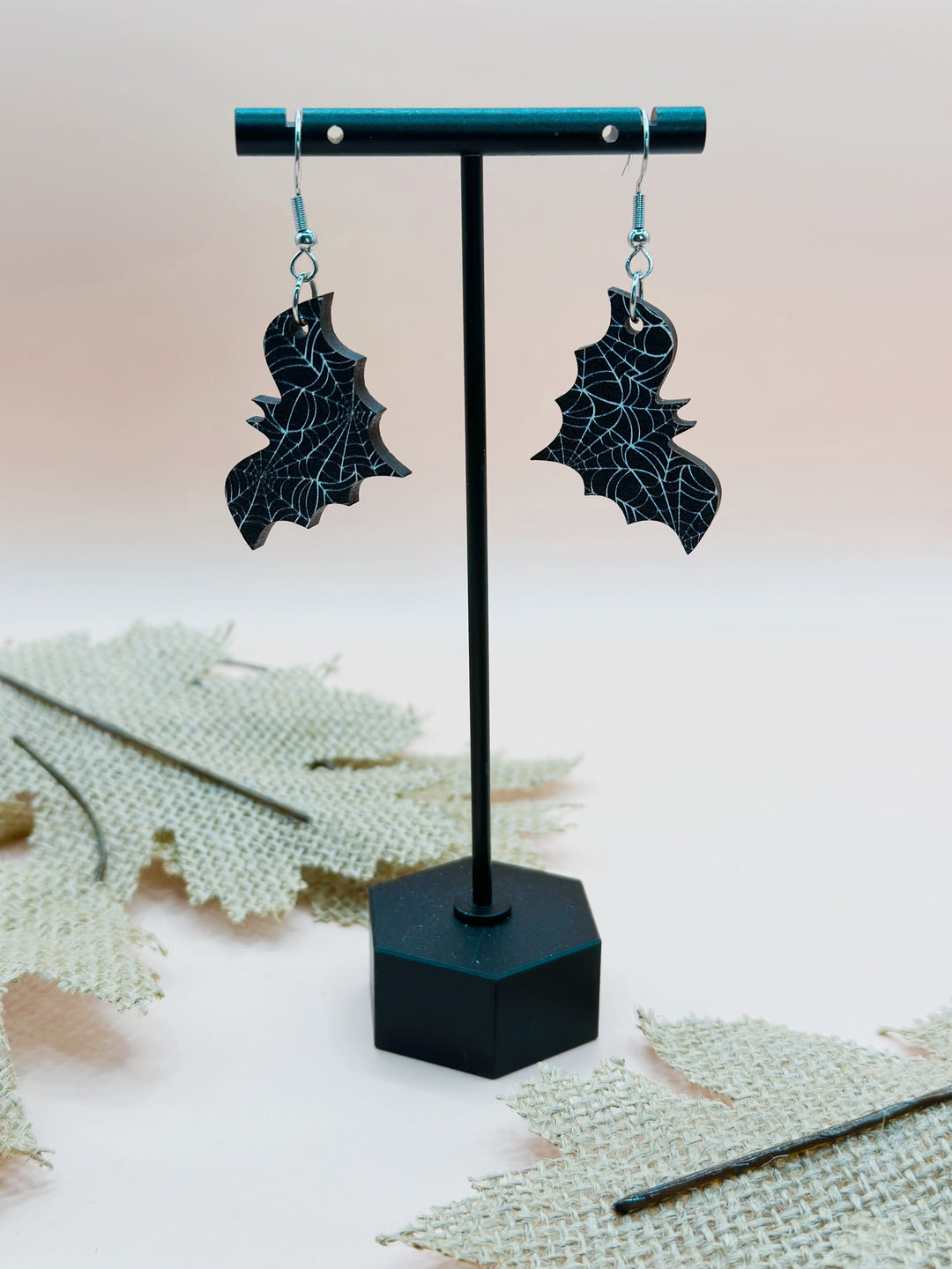 Black & White Spiderweb Wooden Bat Earrings