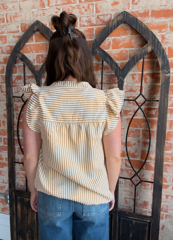 Pure Happiness Striped Ruffle Sleeve Blouse-Gold