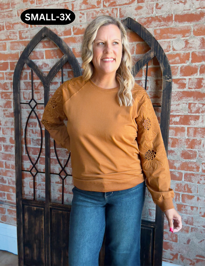 Set Me Free Laser Cut Floral Sleeve Crewneck-Camel