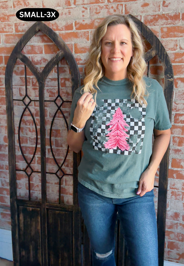 Checkered Pink Tree Graphic Tee