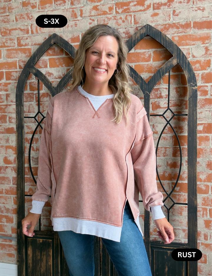 My Saturday In Burnout Fleece Crewneck-Rust & Camel