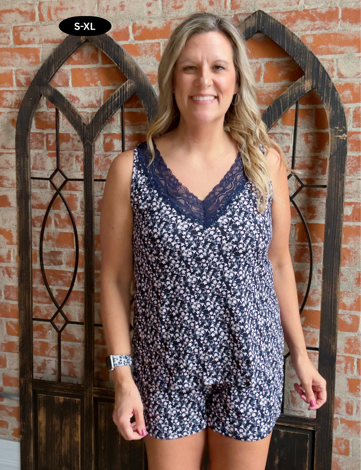 See You At Midnight Lace PJ Set-Navy/Pink