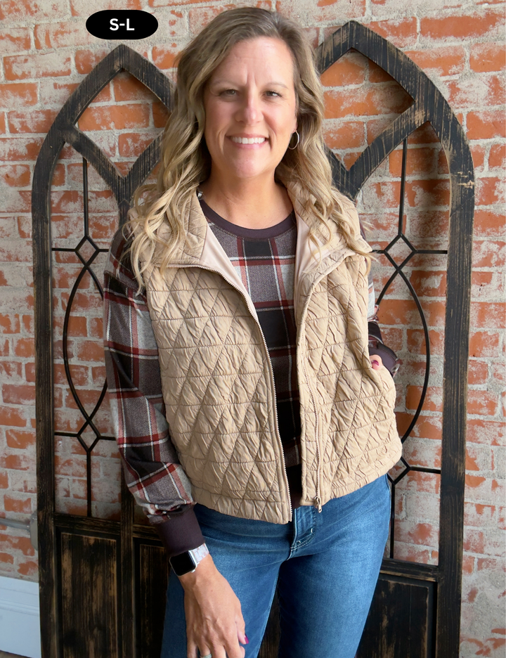 In My Favor Quilted Vest-Taupe