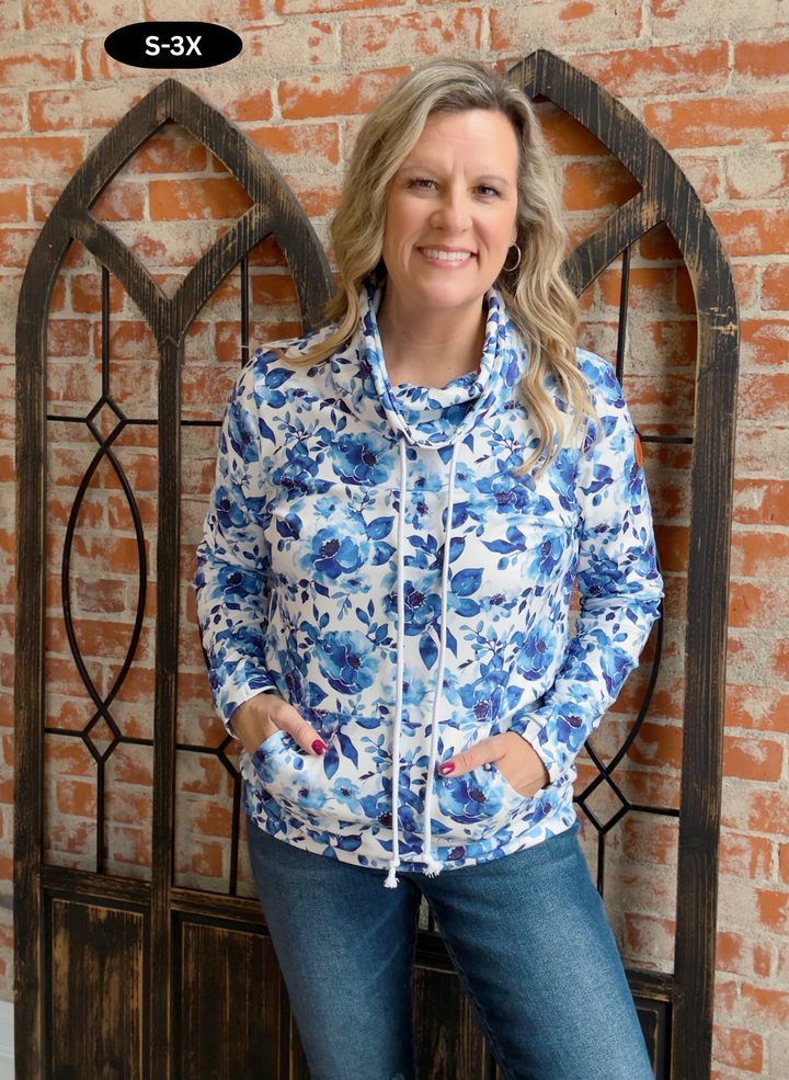 Blue Blooms Cowl Neck