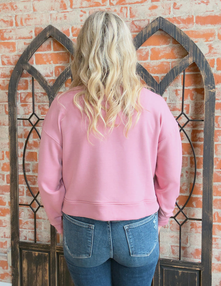 Put It On My Tab Cropped Scuba Half Zip-Rose