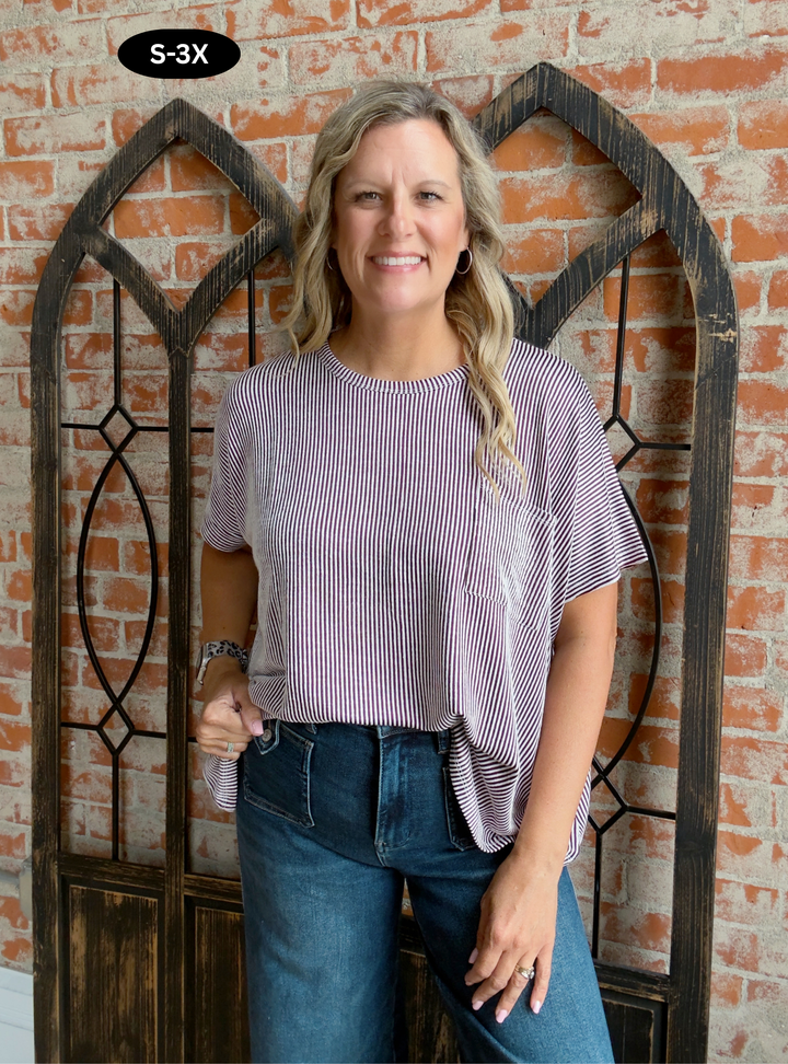Make It's Way Back 2 Tone Ribbed Tee-Plum