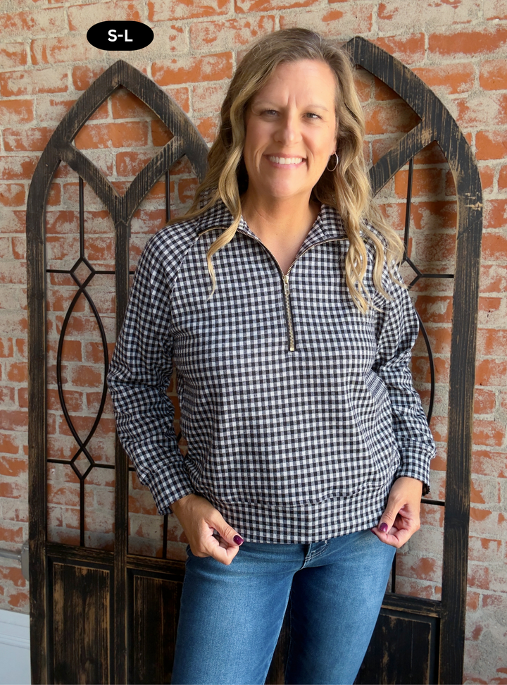 It's A New Day Gingham Half Zip-Navy