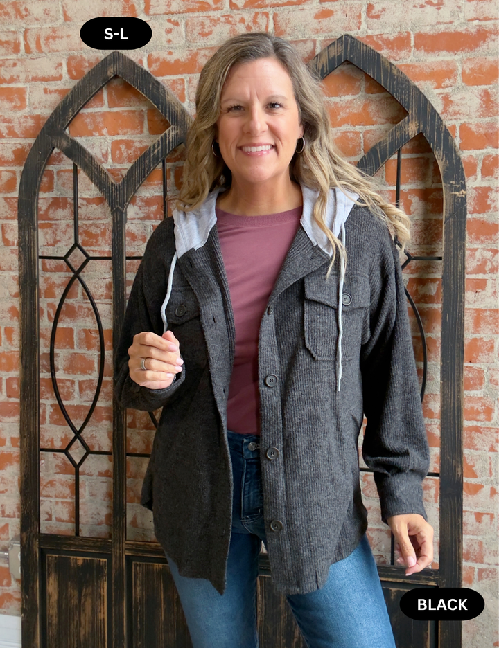 Fall Accessory Ribbed Hoodie Shacket-2 Colors