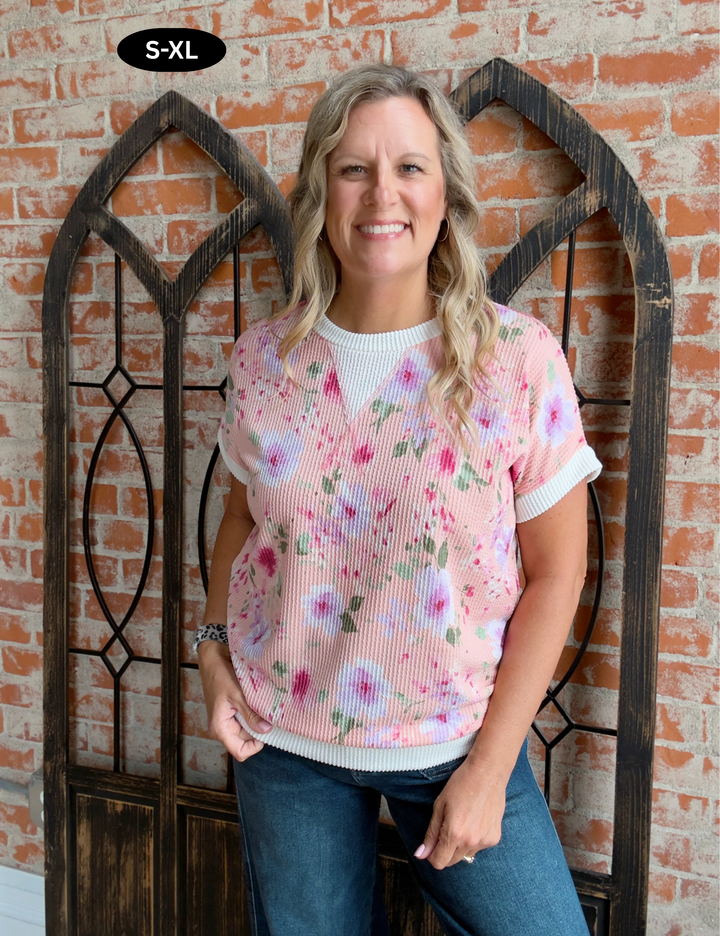 Dreamy Night Floral Ribbed Tee-Pink