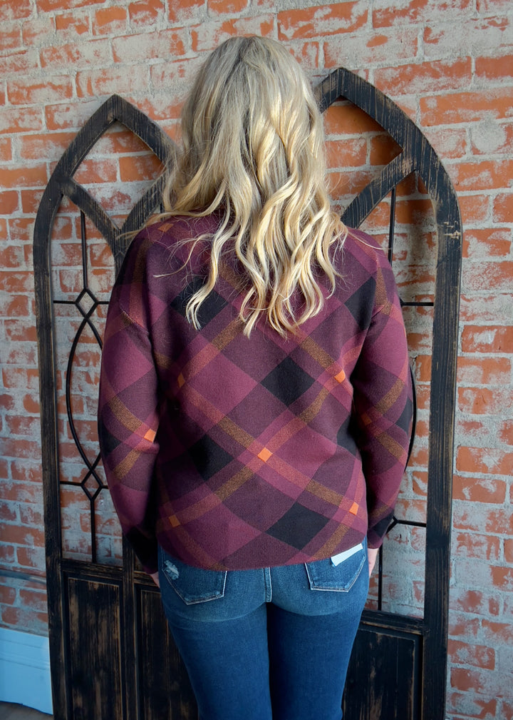Looking Forward To The Holidays Plaid Sweater-Burgundy