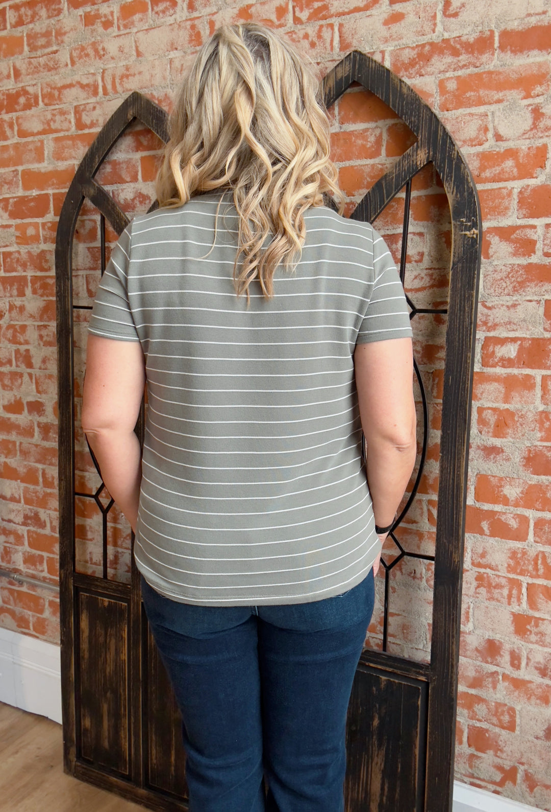 Keeping Up Sage Striped Button Tee