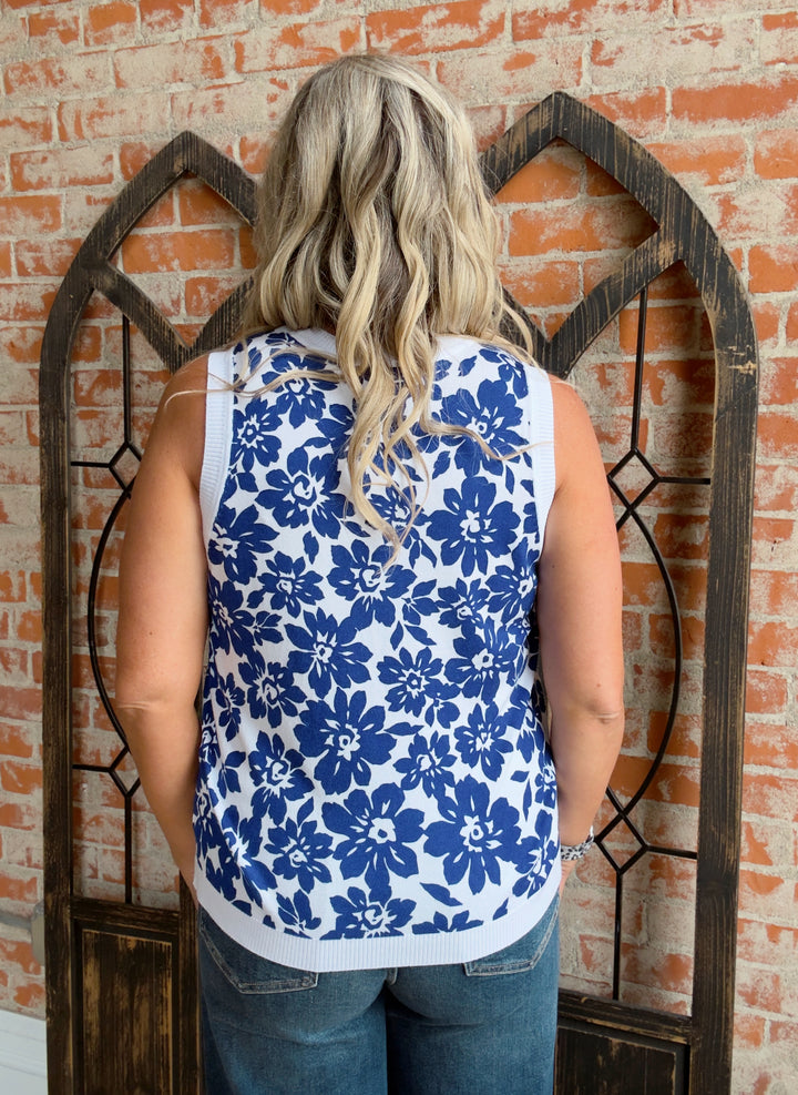 Like Royalty Floral Sweater Tank-Royal