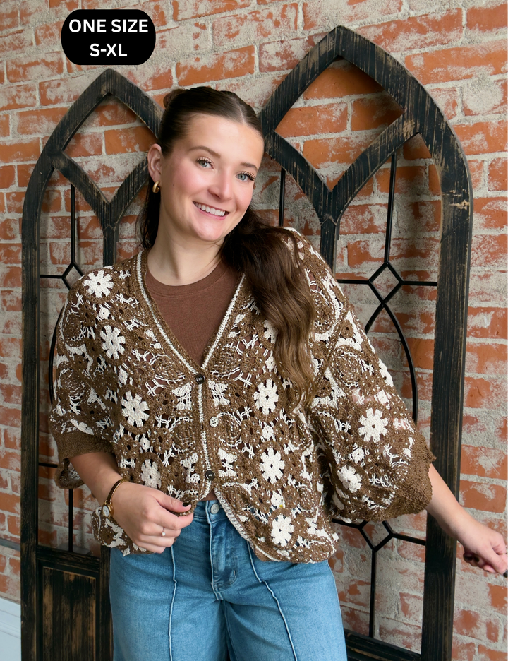 Romantic Feelings Crochet Kimono-Brown