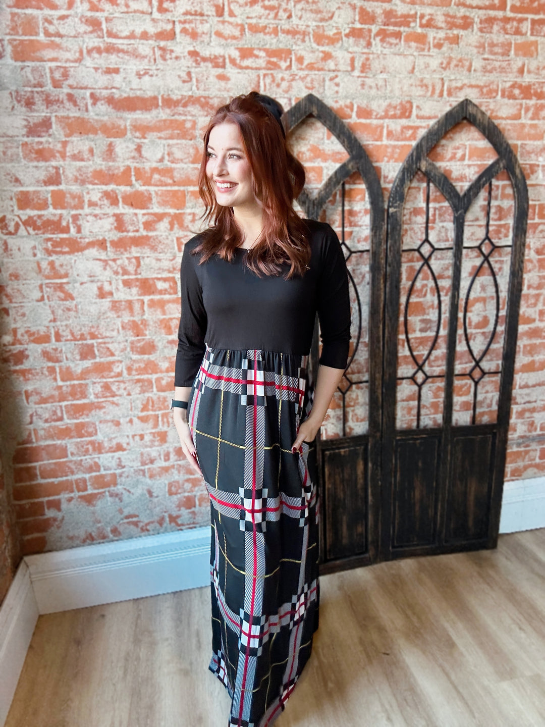 Black Color Block Tartan Plaid Maxi Dress