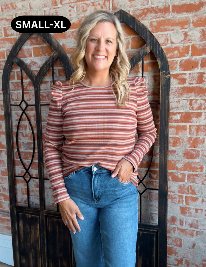 Pretty Girl Things Striped Puff Sleeve-Rust/Brown