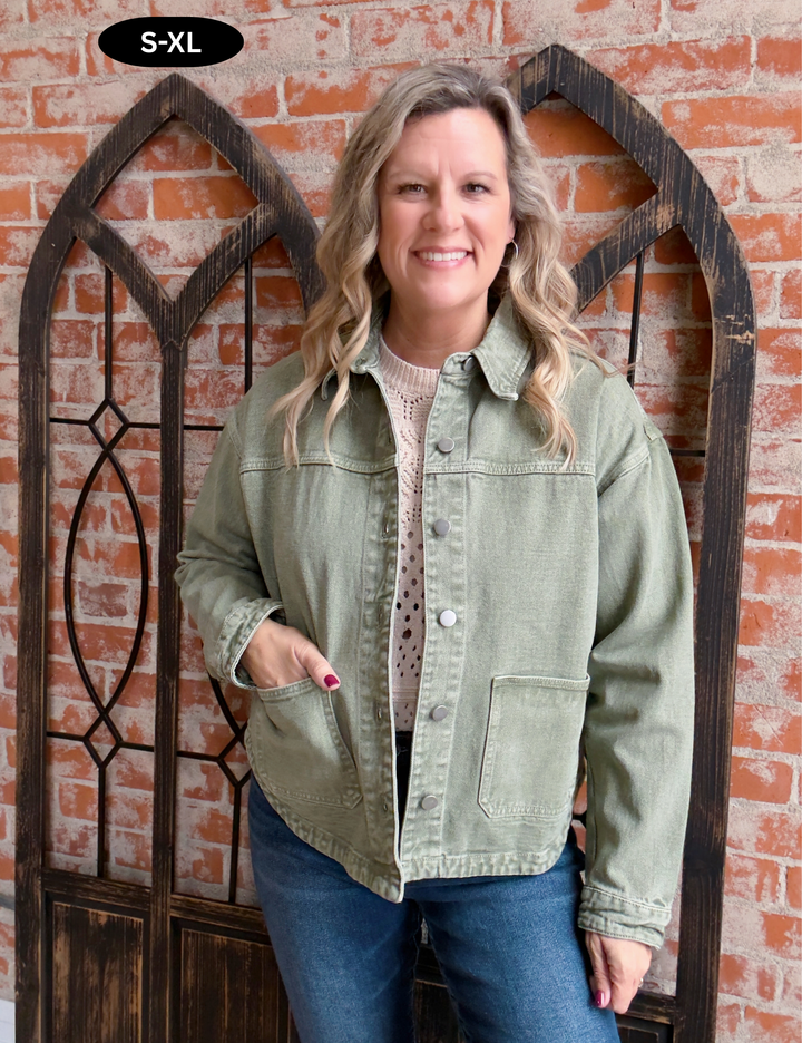 On Time Olive Denim Jacket