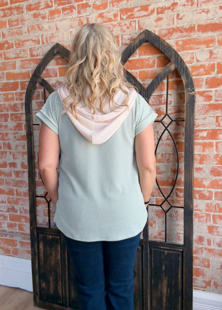 That's My Girl Ribbed Color Block Hoodie-Sage