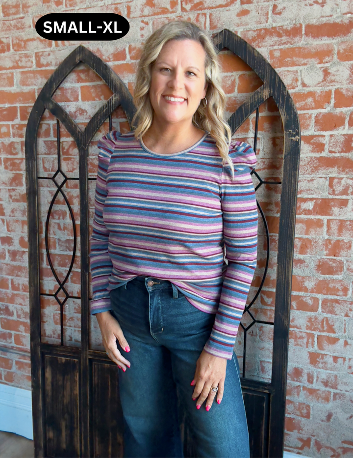 Pretty Girl Things Striped Puff Sleeve-Blue/Burgundy