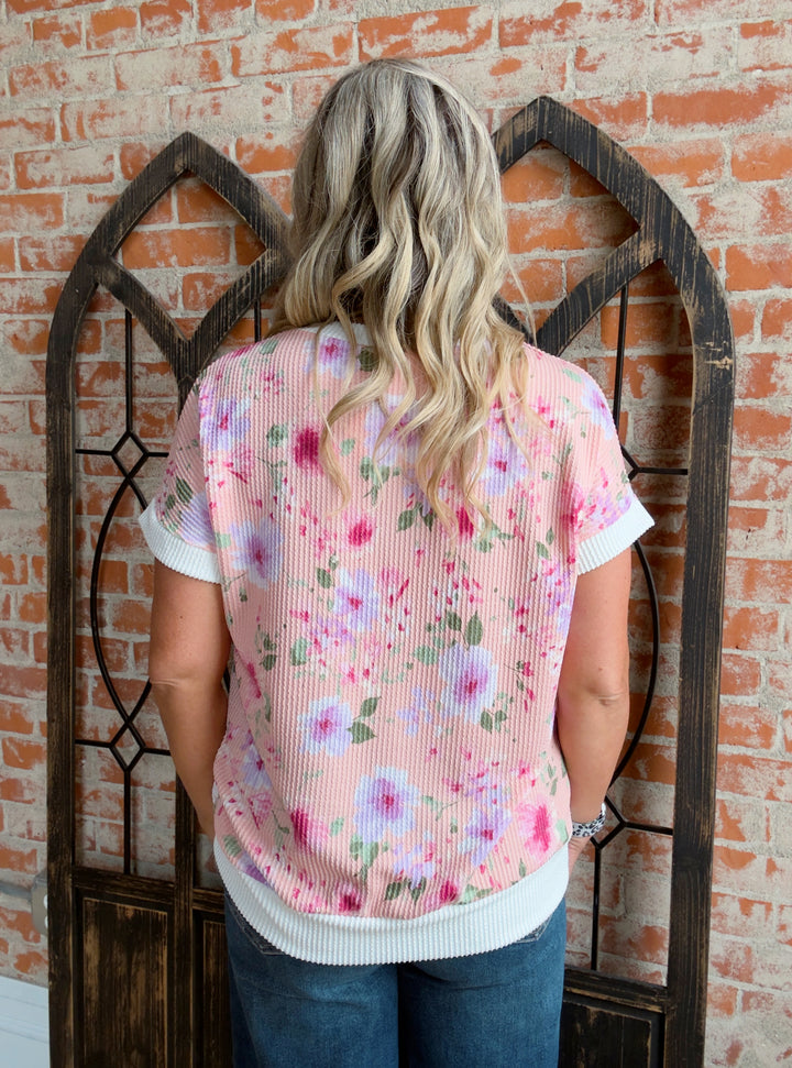 Dreamy Night Floral Ribbed Tee-Pink
