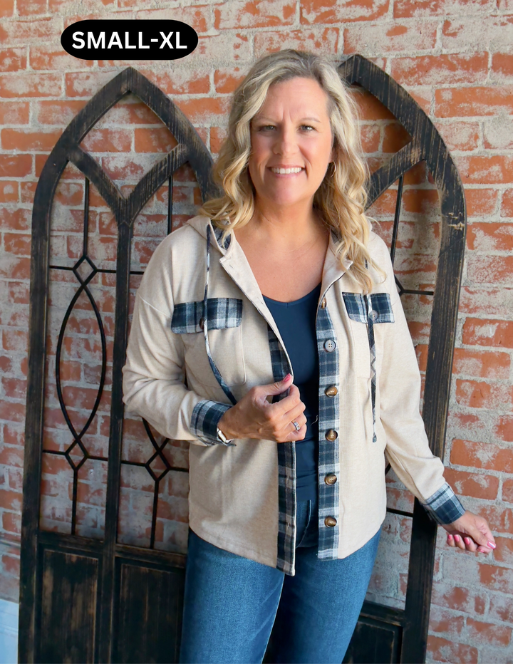 Timeless Plaid Trimmed Shacket-Taupe/Navy