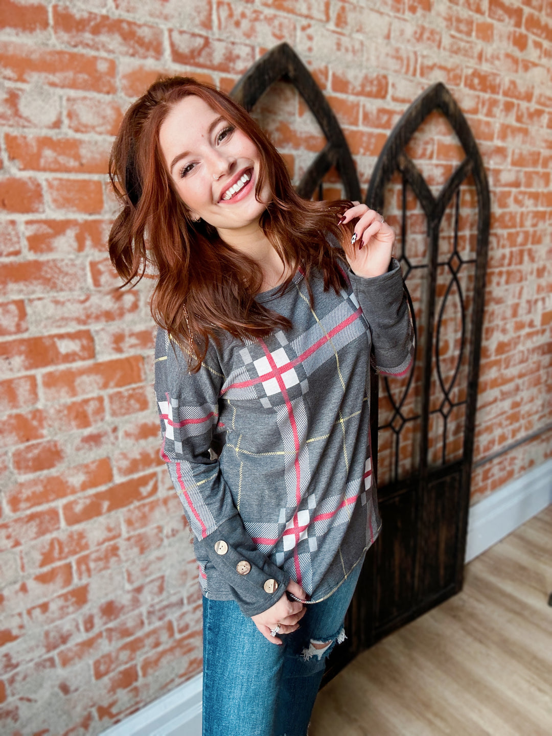 Wrap The Present Charcoal Plaid Long Sleeve