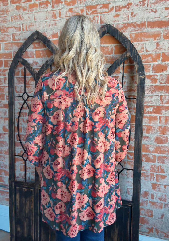 In The Moment Fall Floral Olive Kimono