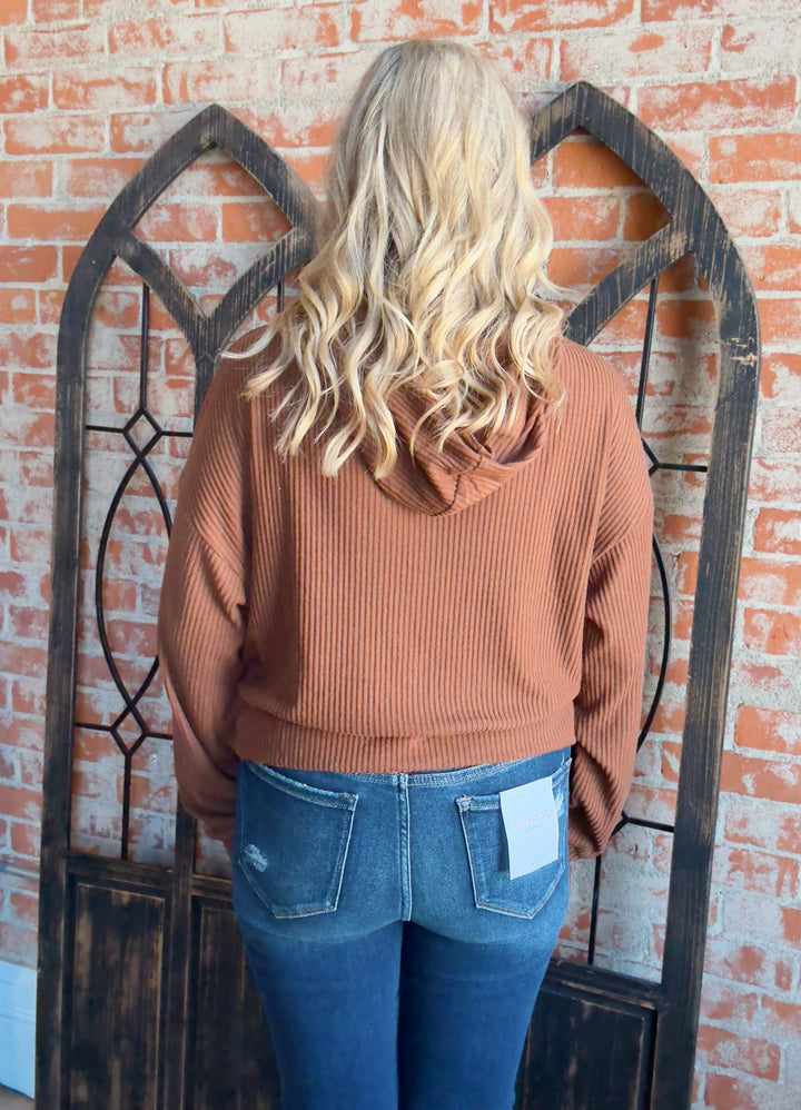 Bring On The Day Ribbed Hoodie-Chestnut
