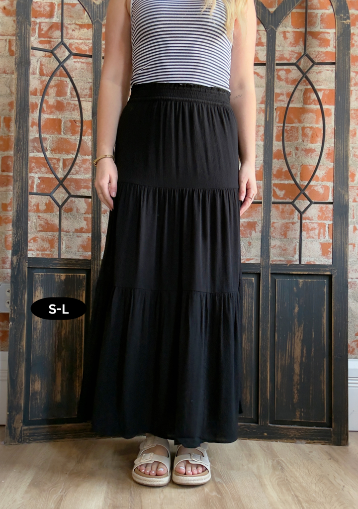 Jealous Eyes Tiered Maxi Skirt-Black