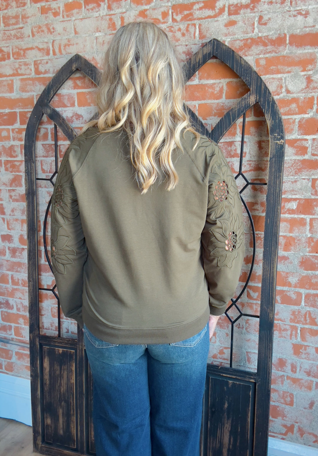 Set Me Free Laser Cut Floral Sleeve Crewneck-Olive